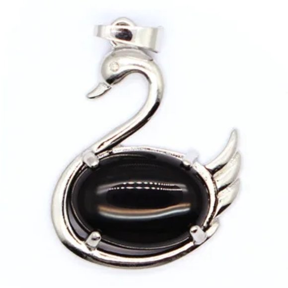 Black Obsidian Swan Natural Stones Necklace Gemstone Healing Pendant - Picture 2 of 2